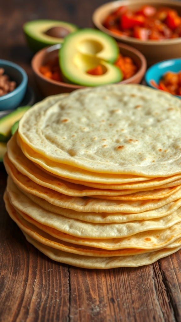 A stack of warm Salvadoran tortillas with beans and avocado on a wooden table.